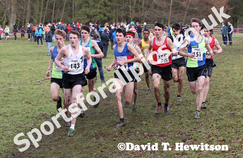 No 143 Zak Mill (Trafford) inside him Elliot Bowker (Vale Royal), 114 Patrick Dever (Preson Harriers),  156 Liam Burthem (Warrington) and 151 Samuel Whitehead (Vale Royal) leads the under-17 mens Northern Cross Country Champs, Knowsley Safari Park. Photo: David T. Hewitson/Sports for All Pics